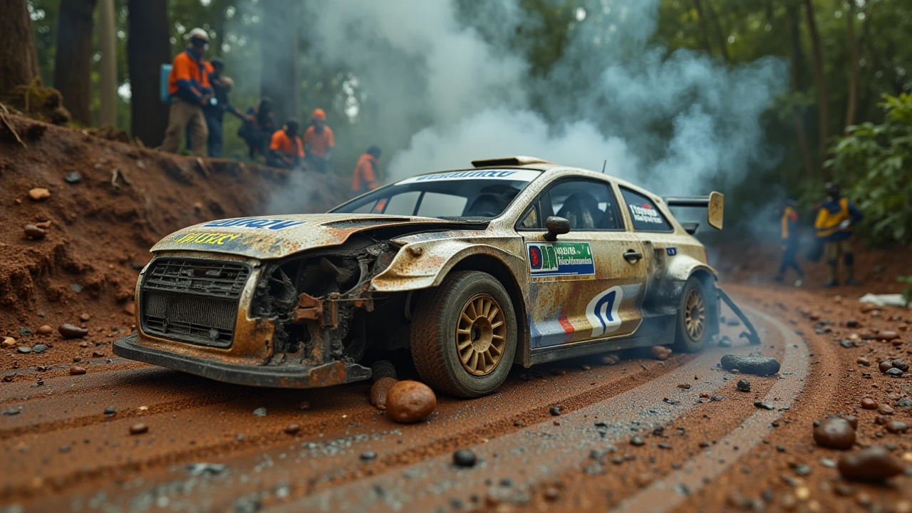 <lora:microworlds_flux:1> microworldlora,a photo of a miniature (totally destroyed:1.3) wrc rally car ,On a winding forest road,Eswatini (Swaziland),people standing around,smoke,firefighters,police officers,  <lora:Car crash:0.7>