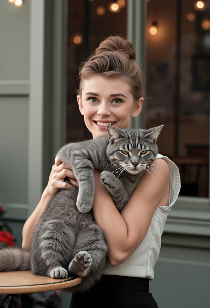 A realistic photo of Audrey Hepburn sitting at a small cafe table outdoors holding up a large gray tabby cat. Full body view from the side. Audrey is smiling joyfully. She is wearing a simple sleeveless blouse and a black skirt. The cat is being held up by its arms with its legs hanging down and does not look very happy.