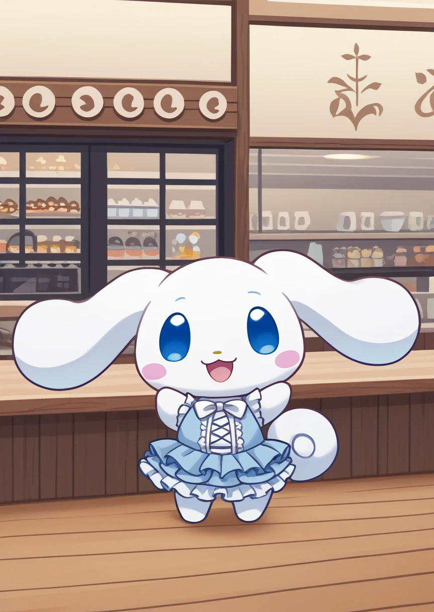 score_9, score_7_up, BREAK
source_anime, source_furry, Cinnamoroll, solo, looking at viewer, smile, open mouth, blue eyes, standing, :d, no humans, blush stickers, happy, cafe, cute, kawaii, chibi, long ears, white fur, frilly dress, frilly ribbon