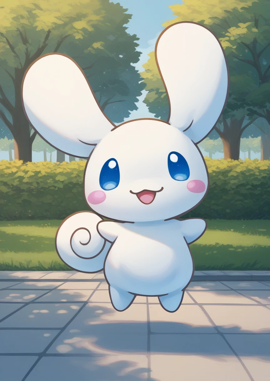 score_9, score_8_up, score_7_up, BREAK
source_anime, source_furry, Cinnamoroll, solo, looking at viewer, smile, open mouth, blue eyes, standing, :d, no humans, blush stickers, happy, park, cute, kawaii, chibi, long ears, white fur