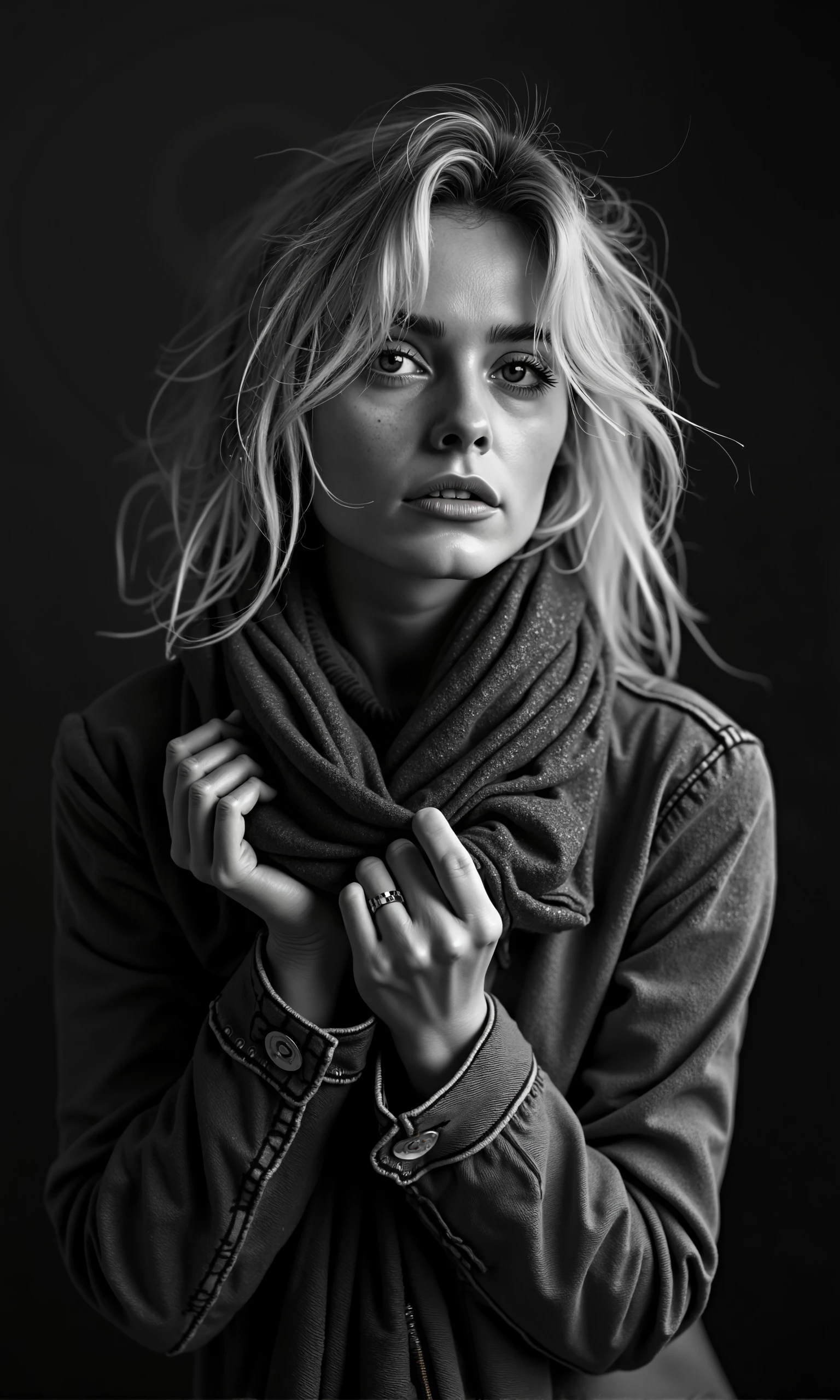 moody, high-contrast black-and-white portrait featuring Sharon Tate. She has her signature blonde hair, tousled and windswept, cascading around her face, adding a sense of rawness and untamed beauty. Sharon is draped in a loosely knotted denim jacket, wrapped around her neck like a scarf, with her hands gently gripping the fabric, creating texture and depth in the image.

Her pose is natural yet slightly intense, with her shoulders slightly hunched forward and her head tilted, as if caught in a moment of thought or vulnerability. Sharon's facial expression is strong yet ethereal, her lips parted slightly, and her gaze soft but piercing, with her eyes looking just past the camera. The lighting accentuates the contours of her face and collarbones, creating deep shadows that enhance the emotional depth of the image. The overall mood is raw, intimate, and melancholic, capturing a sense of quiet intensity and timeless beauty in a simple, stripped-back setting