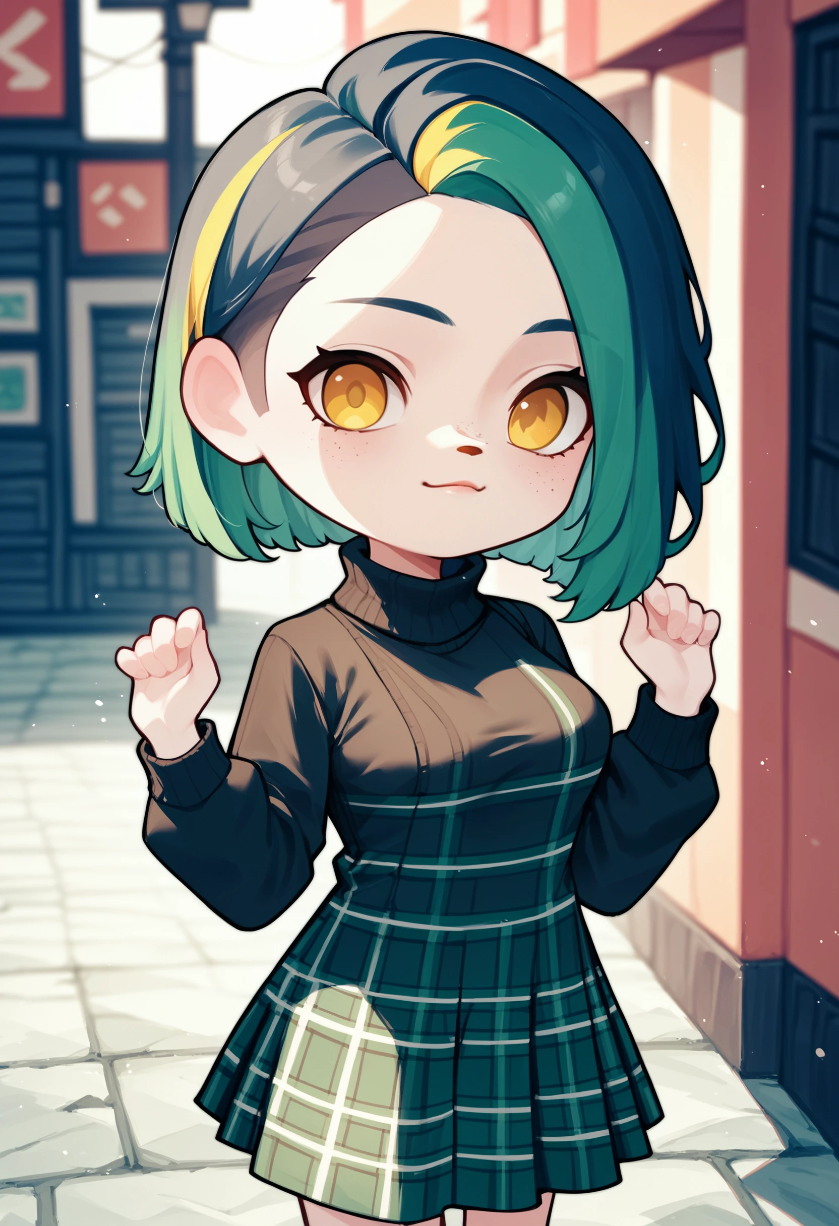 zPDXL3, score_9, score_8_up, score_7_up, score_6_up, score_5_up, score_4_up, 
1girl, 
medium breasts, 
yellow eyes,
split-color hair,
medium hair,
undercut,
exhausted,
pigeon pose,
sweater dress,
plaid skirt,
stone walkway,
acvillager, chibi, solo,
<lora:AnimalCrossing - Villager v2:1>