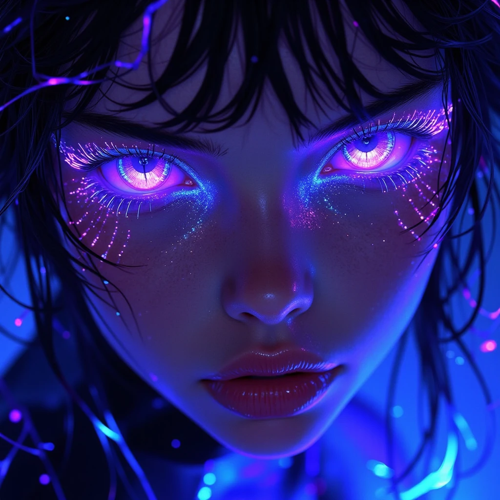 anime_martz, anime_source, stunning close-up of a breathtaking female face, with intricate cybernetic features seamlessly blending with organic skin, glowing neon blue and purple circuitry pulsing beneath her flawless complexion. Her eyes are piercing, a mesmerizing mix of neon violet and electric blue, radiating ethereal energy. Wisps of luminescent hair float around her, each strand infused with flowing light. The background is a swirl of dark and vibrant hues, like a galactic nebula exploding behind her, while dark and glossy paint splashes accentuate her striking expression. The composition exudes power and beauty, creating the most awe-inspiring, futuristic goddess-like image ever seen. etheral_makeup, make-up, makeup.