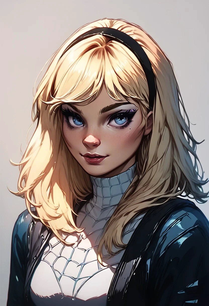 score_9, score_8_up, score_7_up,  score_6_up, score_5_up, Gwen Stacy, 1girl, solo, long hair, blue eyes, blonde hair, hairband, makeup, black hairband,