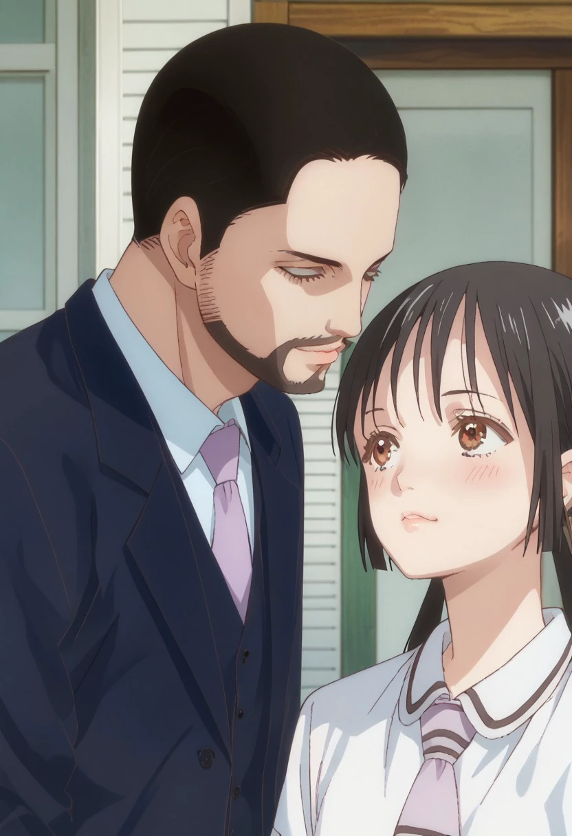 score_9, score_8_up, score_7_up, source_anime, rating_safe, MaedaAA, black_Maeda_hair, black_Maeda_facial hair, HanakoAA, couple focus, 1girl, 1boy, anime screencap,