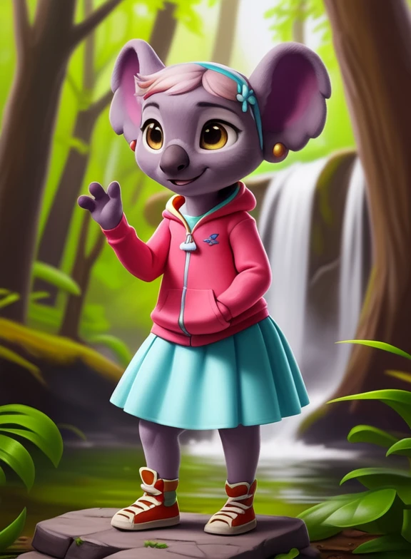 <lora:CaseyTOTSYif:1> CaseyTOTS, koala, light purple fur, four fingers, brown eyes, purple sweatshirt, light green skirt, earrings, rainbow socks, orange sneakers,  rainbow hairpin,, chibi,
[  solo, (nature), forest, day, clouds, waterfall,  smile,]   
(beautiful, aesthetic, perfect, delicate, intricate, saturated colors), masterpiece, digital drawing, best quality,
by ulitochka, by taran fiddler, by Silverfox5213, by personalami,