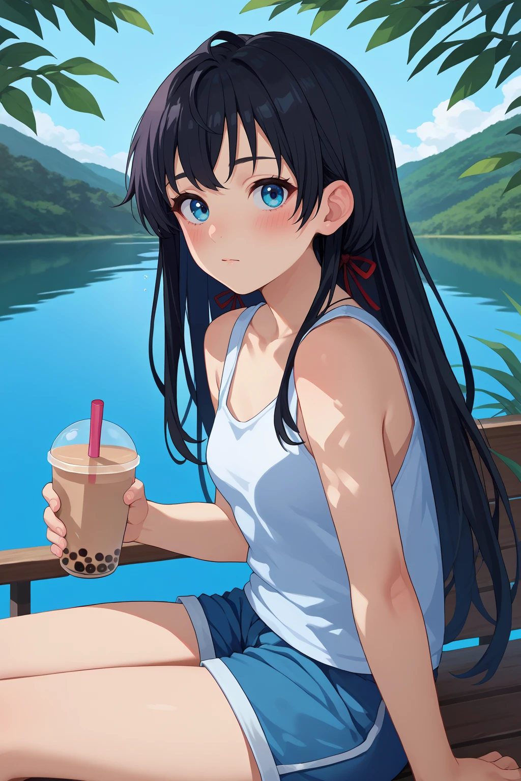 score_9, score_7_up, source_anime, from side, looking at viewer, blush, yno, small breasts, black hair, blue eyes, long hair, hair ribbon, red ribbon, tank top, shorts, sitting, holding, bubble tea, outdoors, lake, <lora:Hoseki_Oregairu_YukinoYukinoshita_PDXL_v1:1>