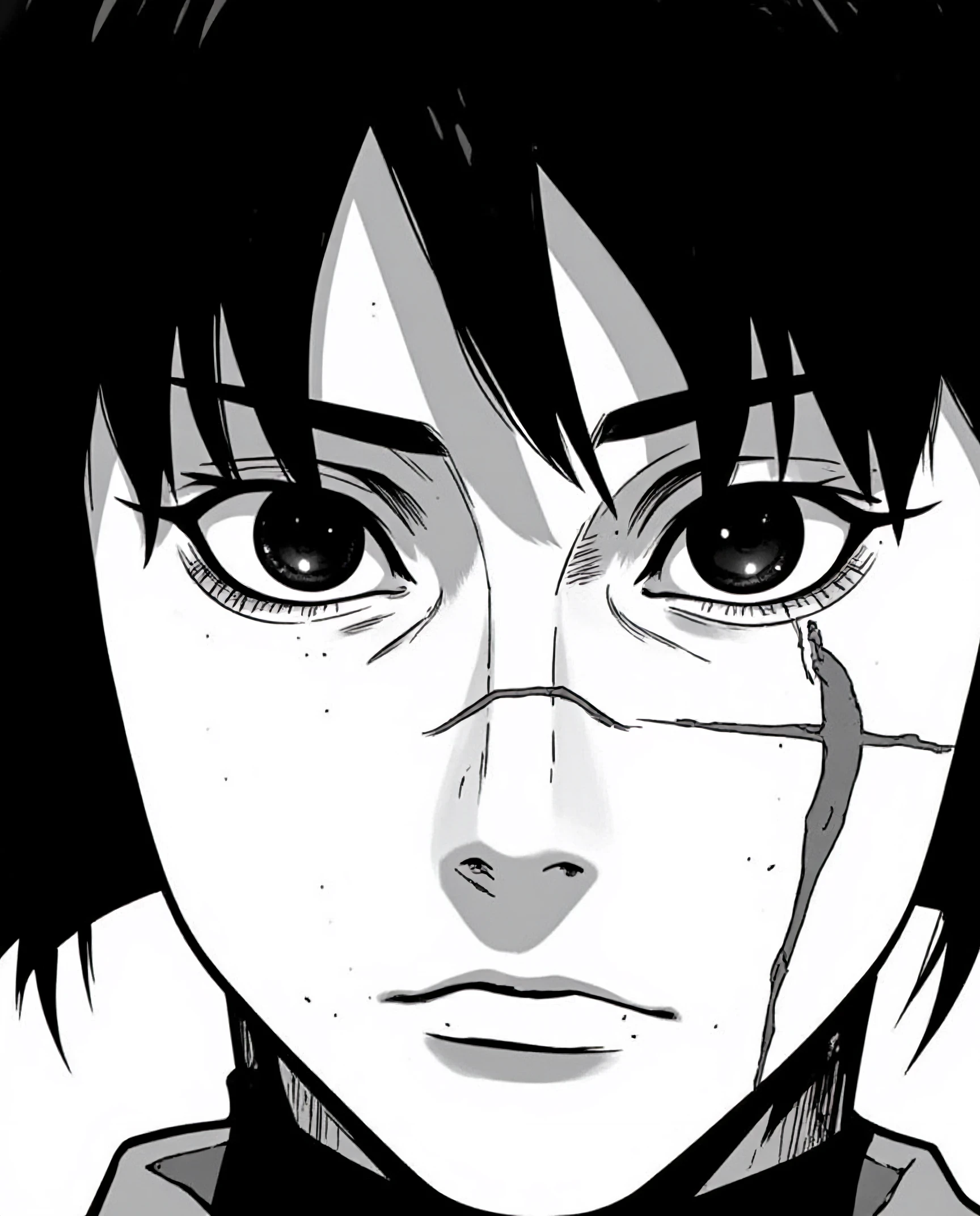 A close-up, highly detailed manga-style illustration of a young girl with a tense, frowning expression. Her short, jet-black hair frames her face, with a few windswept strands falling over her furrowed brow. The most defining feature is a noticeable scar across the bridge of her nose, giving her an air of resilience and mystery. Her dark, intense eyes reflect deep emotion, and the subtle shadows on her face enhance the sharpness of her features. The close-up view captures the raw intensity of her frown, highlighting the inner turmoil beneath her youthful appearance.