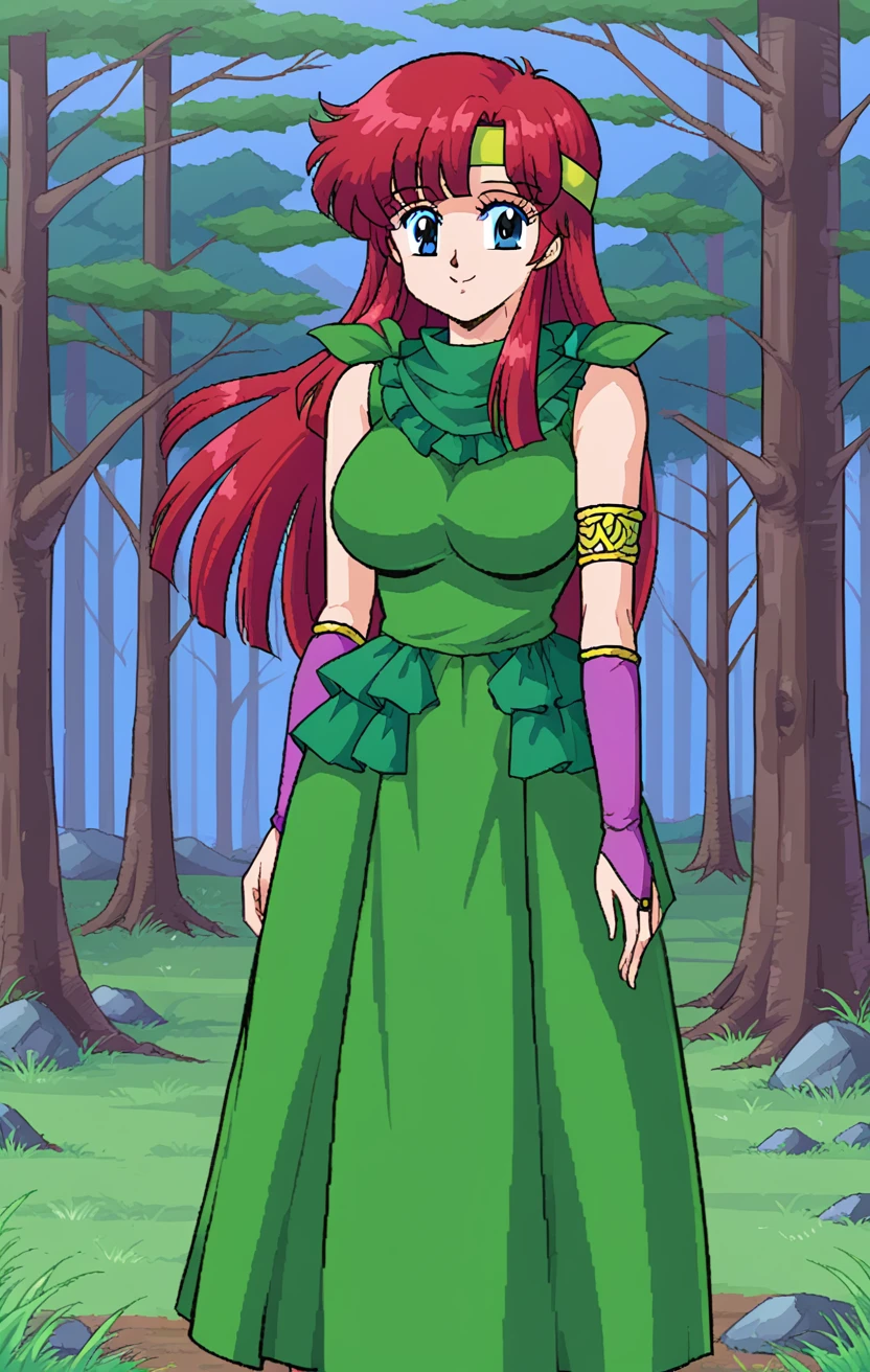 Absurdres, 1girl, solo, full body, forest, trees, grass, smile, upper body, DKLuna, DK1Luna, 1girl, bridal gauntlets, smile, green frilled dress, headband, full body, skirt, standing, sleeveless, forest background, grass, trees, <lora:DKLuna_SDXL-000005:1.0>