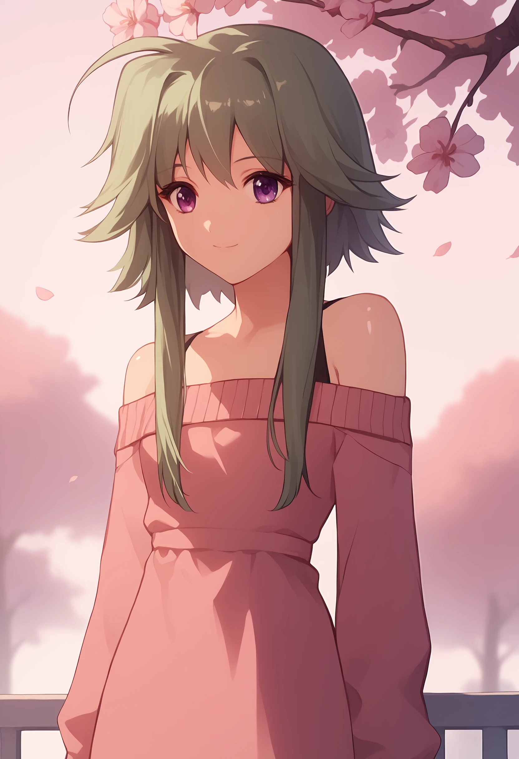 score_9, score_8_up, score_7_up,closed mouth, shiny skin, light smile,ohwx, solo, 1girl, purple_eyes, green_hair, short_hair_with_long_locks, sidelocks, ahoge,bare_shoulders, dress, sweater, off_shoulder, cherry blossom,<lora:mayumi_thyme_pony_sobsynapse-000005:1>