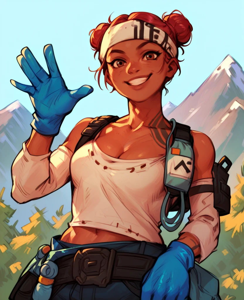 score_9,score_8_up,score_7_up,
lflinexl,red hair,double bun,brown eyes,waving,
looking at viewer,smile,cleavage,from below,
headband,left should tattoo,shirt,collarbone,detached sleeves,blue gloves,belt,pants,
outdoors,mountains,
<lora:LifelineXL>,