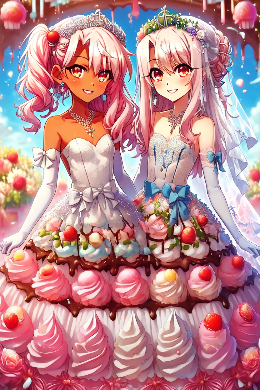 score_9, score_8_up, score_8,   zzIceCream,  <lora:IceCreamWorld_PDXL:1.0>,  ,,, 2girls,  chloe von einzbern, yellow eyes, pink hair, long hair, one side up, dark skin,   illyasviel von einzbern, red eyes, white hair, long hair, red eyes,    bride, wedding dress, bridal veil, strapless dress, elbow gloves,  holding bouquet, smile, looking at viewer, <lora:PrismaIllya_PDXL_v3:0.8>   ,,, embedding:zPDXL, Expressiveh, <lora:SDXLFaeTastic2400:0.5>,  <lora:Expressive_H-000001:0.4>,