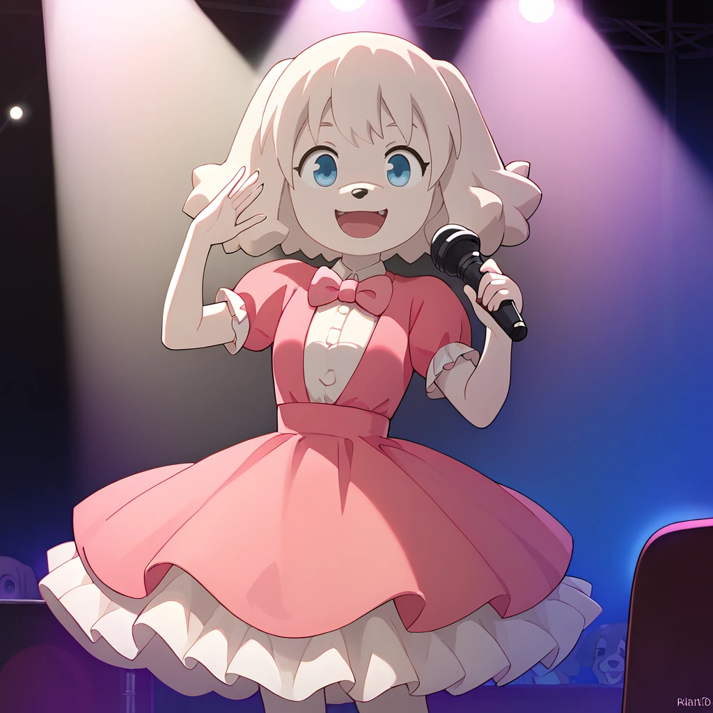 score_9, score_8_up, score_7_up, 1girl, solo, uncensored, <lora:RuiNikaidouXL_v1.0:1> rui nikaidou, dog nose,  1girl, happy, holding microphone, singing, dancing, solo, pink bowtie, pink dress, frilled dress,  indoors, stage, stage lights, spotlight