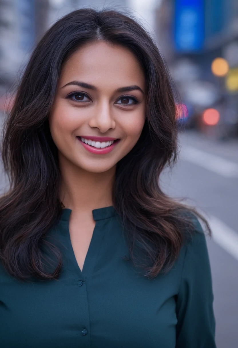 closeup face portrait,aishah hasnie,woman,<lora:Aishah Hasnie SDXL:0.8>,kind_smile,looking at viewer,city,perfect teeth,blouse,skirt,