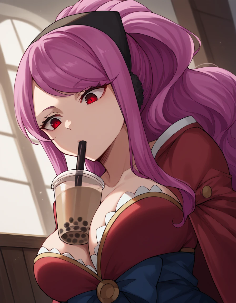 score_9, score_8_up, score_7_up, source_anime, <lora:fairytail-meredy-anime-ponyxl-lora-nochekaiser:1>, meredy, long hair, red eyes, ponytail, pink hair, swept bangs, large breasts,, <lora:bubble-tea-challenge-ponyxl-lora-nochekaiser:1>, bubble tea challenge, bubble tea, object on breast, drinking straw, drinking straw in mouth, drinking, cup,, indoors, sitting, looking down, , cowboy shot, dutch angle