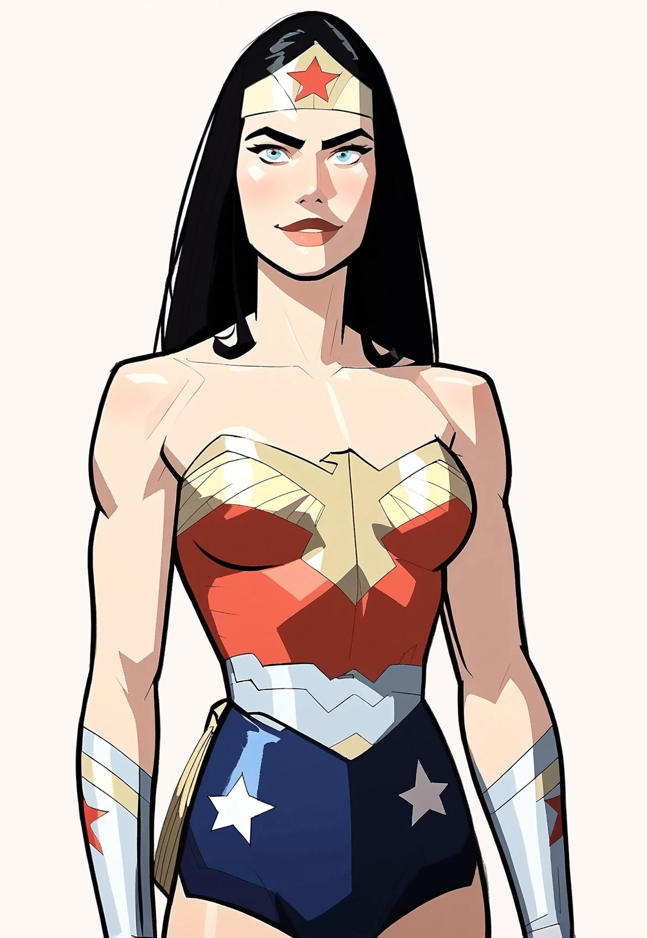 safe_pos, score_9, score_8_up, score_7_up, score_6_up, score_5_up, score_4_up, cartoon,animated,digital art, realistic,drawing,1girl, wonderwoman, (leotard:1.1), tiara, vambraces,  cowboy shot, white background,large breasts, smile,looking at viewer,wide hips,sexy,large breasts,upper body