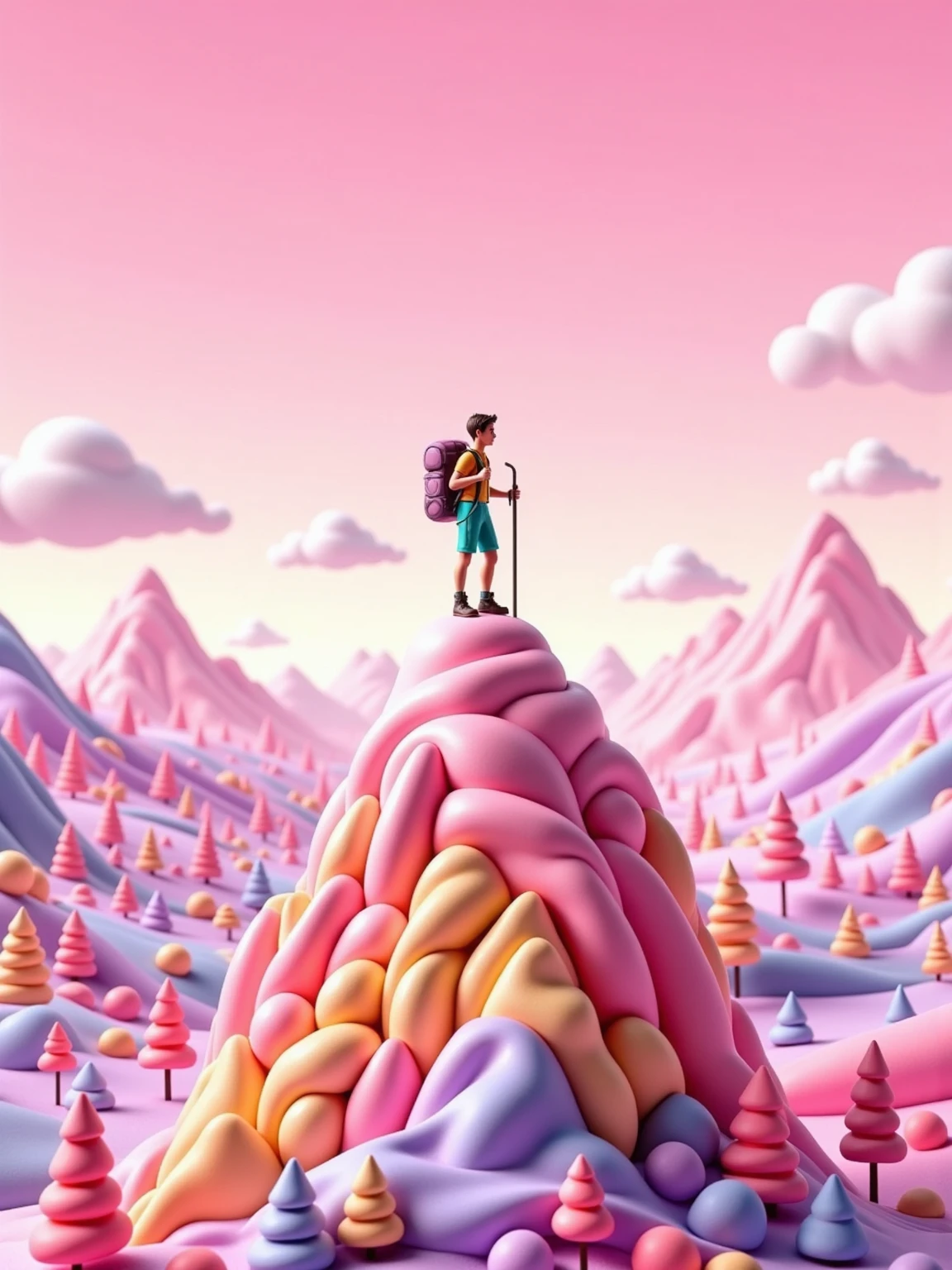 A Man Hiking to the Summit of a Mountain in candyland style. A lone man stands triumphantly at the peak of a mountain, having just completed a challenging hike. The wide-open pink sky stretches out above him, and a vast, breathtaking candyland landscape in beautiful sweet pastel colors unfolds below. 