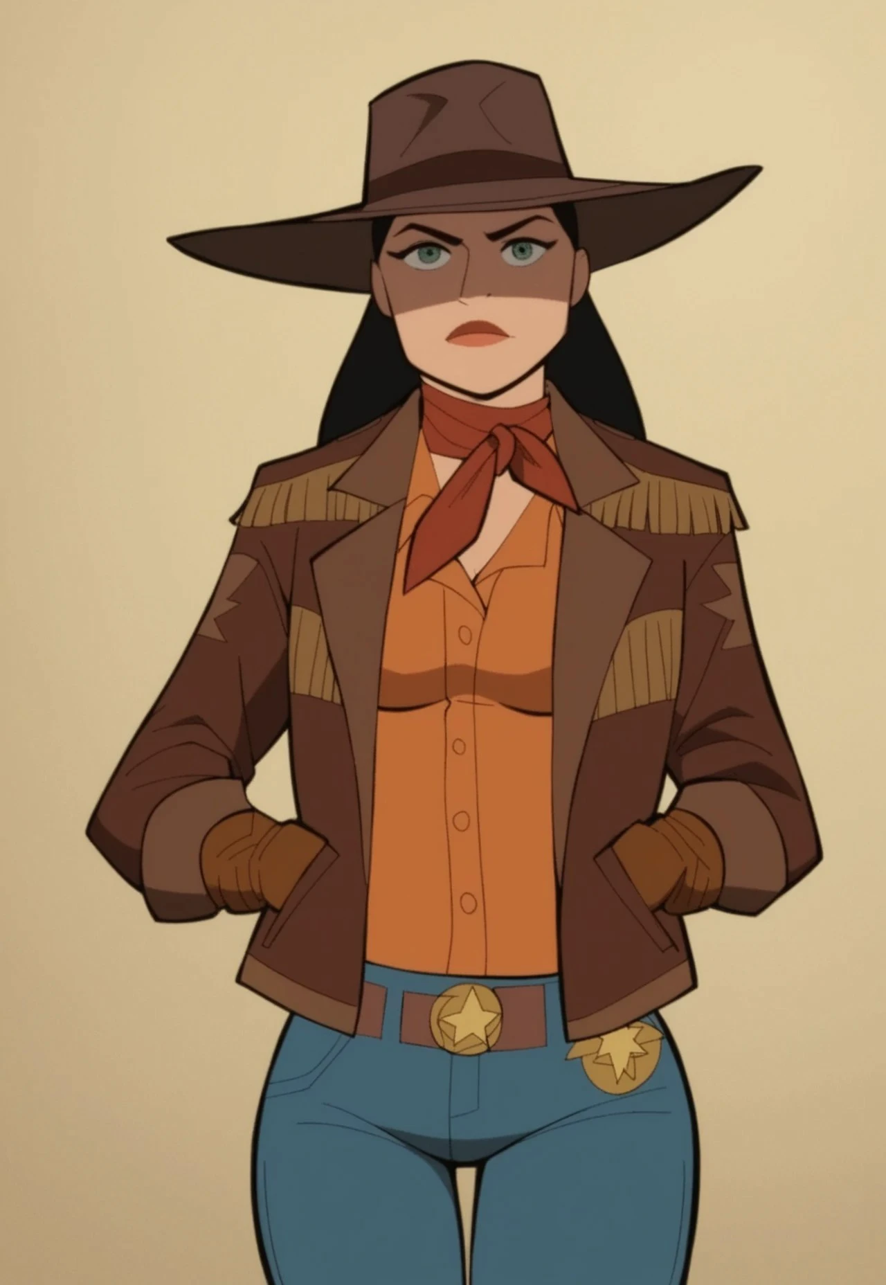 safe_pos, score_9, score_8_up, score_7_up, score_6_up, score_5_up, score_4_up, cartoon,animated,drawing,1girl, wonderwoman, jacket, shirt, neckerchief, gloves, jeans, standing, cowboy hat, cowboy shot,medium breasts,open clothes,looking at viewer:1.3,wide hips