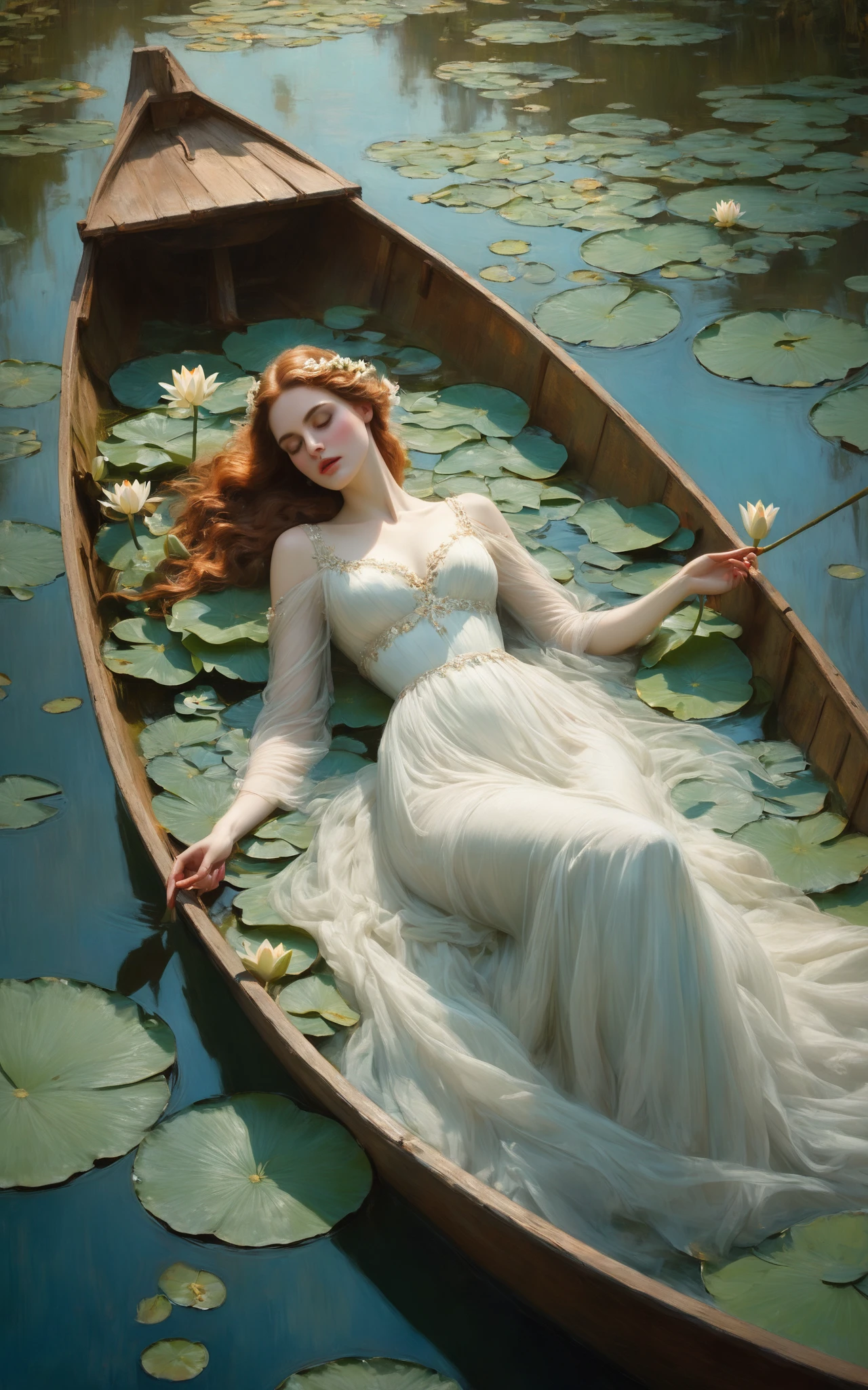 (A young maiden with alabaster skin a intricate dress and adorned with ivory lilies), (laying in a weathered wooden rowboat), (diaphanous gossamer white gown), (verdant canopy of lotus leaves), (illuminating her with a halcyon glow:0.5), (ethereal grace), (sleeping in such a way suggesting both relaxation and classical elegance), ((High angle shot)), (delicate beauty and the rustic charm), (shimmering cerulean water and vibrant lily pads), (evokes a sense of tranquil serenity and timeless beauty), (art reminiscent of classical paintings depicting nymphs and goddesses), (butterflies with iridescent wings fluttering around her), (ethereal aura), (Art by John William Waterhouse), (Tenebrism), chiaroscuro, volumetric lighting, film grain, perfect hands, perfect legs, perfect feet, (teal and orange color grading), high dynamic range, S-curve gamma, highest quality, masterpiece, perfect lighting, perfect body, realistic textures, subsurface scattering, cinematic, ((Oil Painting)), (Realistic:1.35)