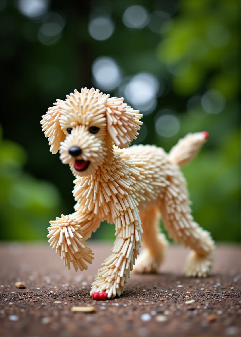 m4tchst1ck, a poodle, in a garden, dynamic pose, dust, particles