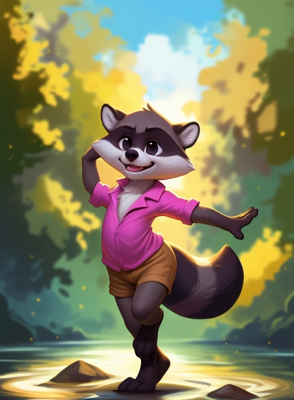 <lora:RenaldoTinTooLooYif:1> RenaldoTinTooLoo, raccoon, male, pink shirt, gray shorts, black eyes, white sclera, gold earring, chibi,
[  solo, (nature), forest, day, clouds, waterfall,  smile,]   (dancing ballet,)
(beautiful, aesthetic, perfect, delicate, intricate, saturated colors), masterpiece, digital drawing, best quality,
by ulitochka, by taran fiddler, by Silverfox5213, by personalami,