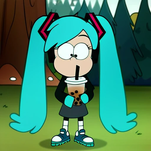 gravity-falls, 1girl, solo, blue hair, holding, bubble tea, park, hatsune miku,