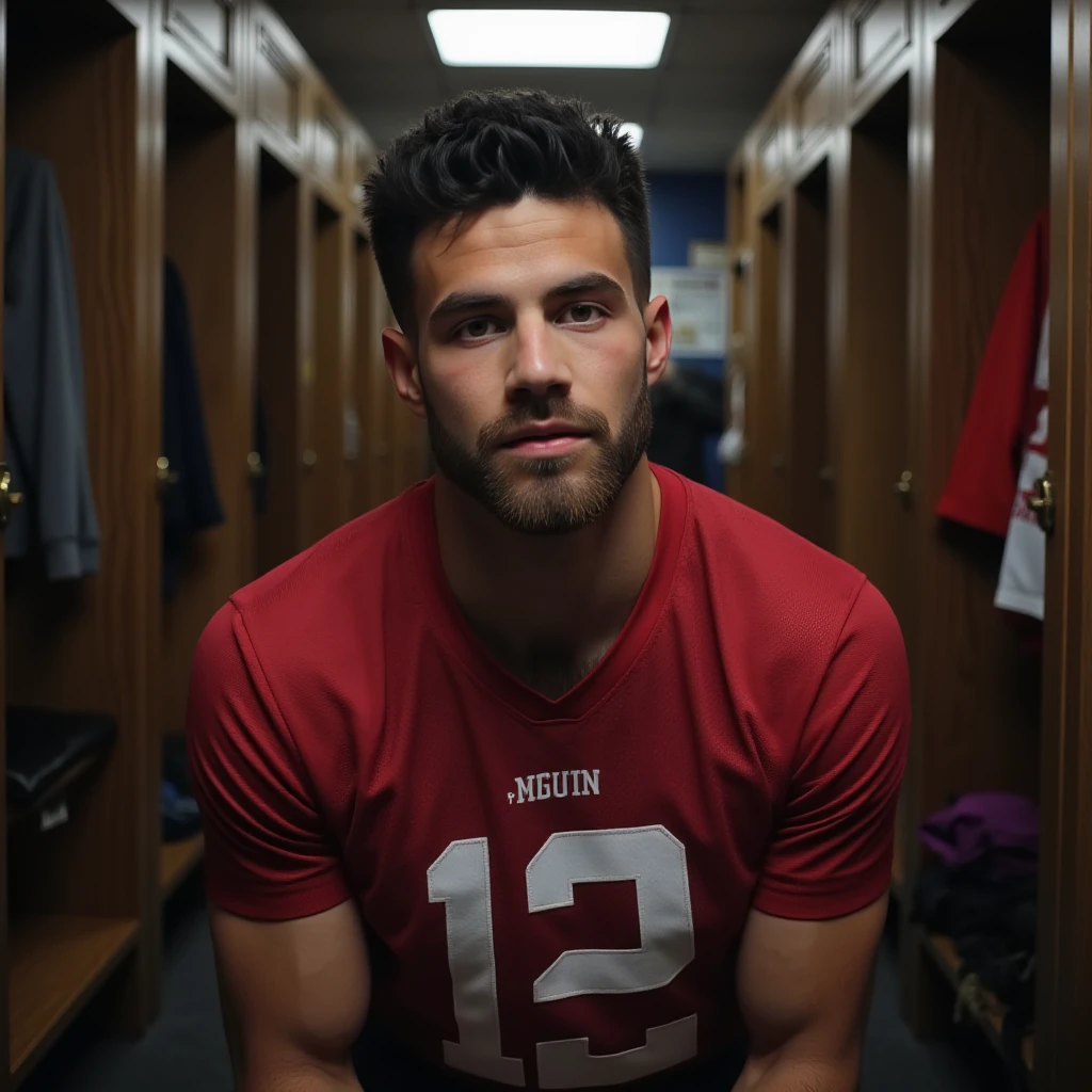 man, wearing football jersey, locker room, solo shot, direct eye contact, looking at viewer,p4yn3