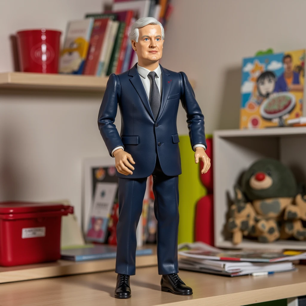 a articulated figure of Michel Barnier, on a desk in a kid's room