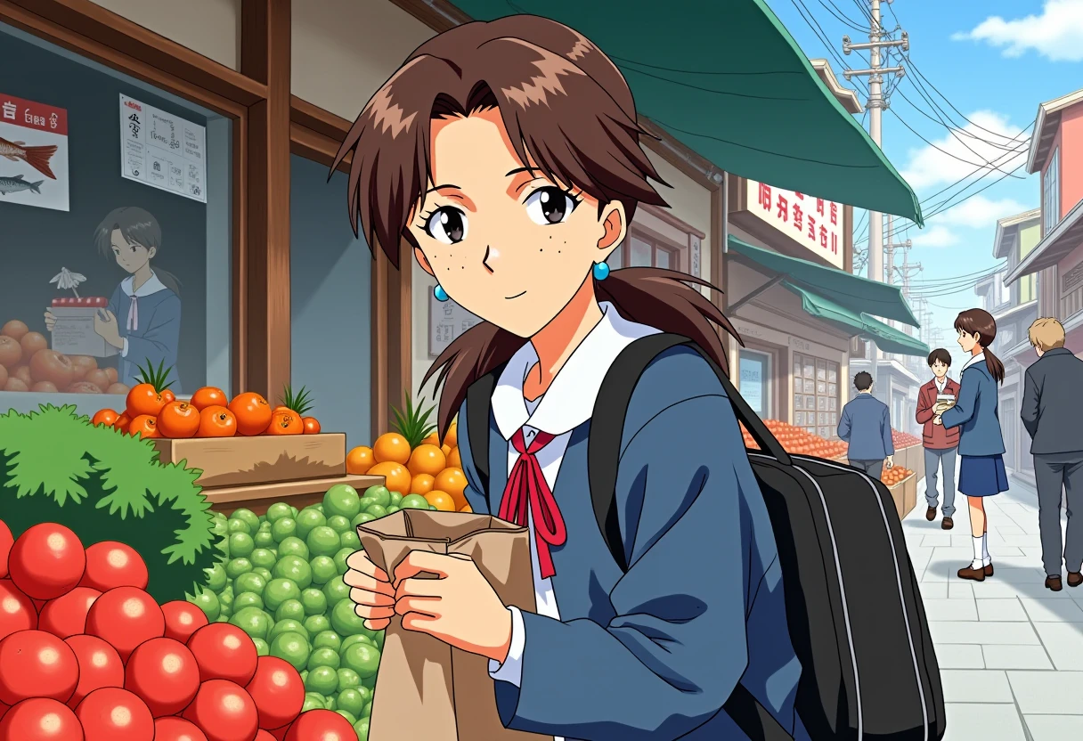 A detailed portrait of horaki hikari. She has dark brown hair.
Anime style, sharp, high contrast and highly detailed, high resolution. Ghibli anime style. Perfect anatomy. Perfect body ratio. No oversized head. No blurry, out of focus pictures. No simple background, no single color background.
She wears long sleeve school winter uniform, with a jacket, a shirt, a ribbon, and a school bag in her back. She is in an outdoor grocery market, with fruit stands, meat shop and fish shop in the background. She is carrying a shopping bag that is filled with vegetables and fruits. She is looking around trying to look for the next shop.
<lora:Hikari Horaki - Flux Prototype_epoch_2:1>