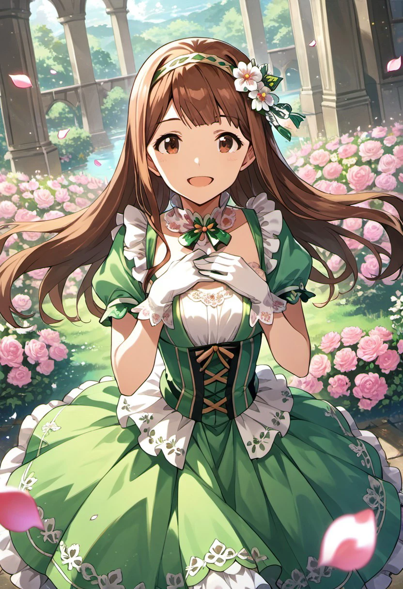 score_9, score_8_up, score_7_up, source_anime,tanaka kotoha, brown hair, long hair, brown eyes, 1girl, gloves, flower, dress, smile, hairband, open mouth, looking at viewer, petals, solo, hand on own chest, green dress