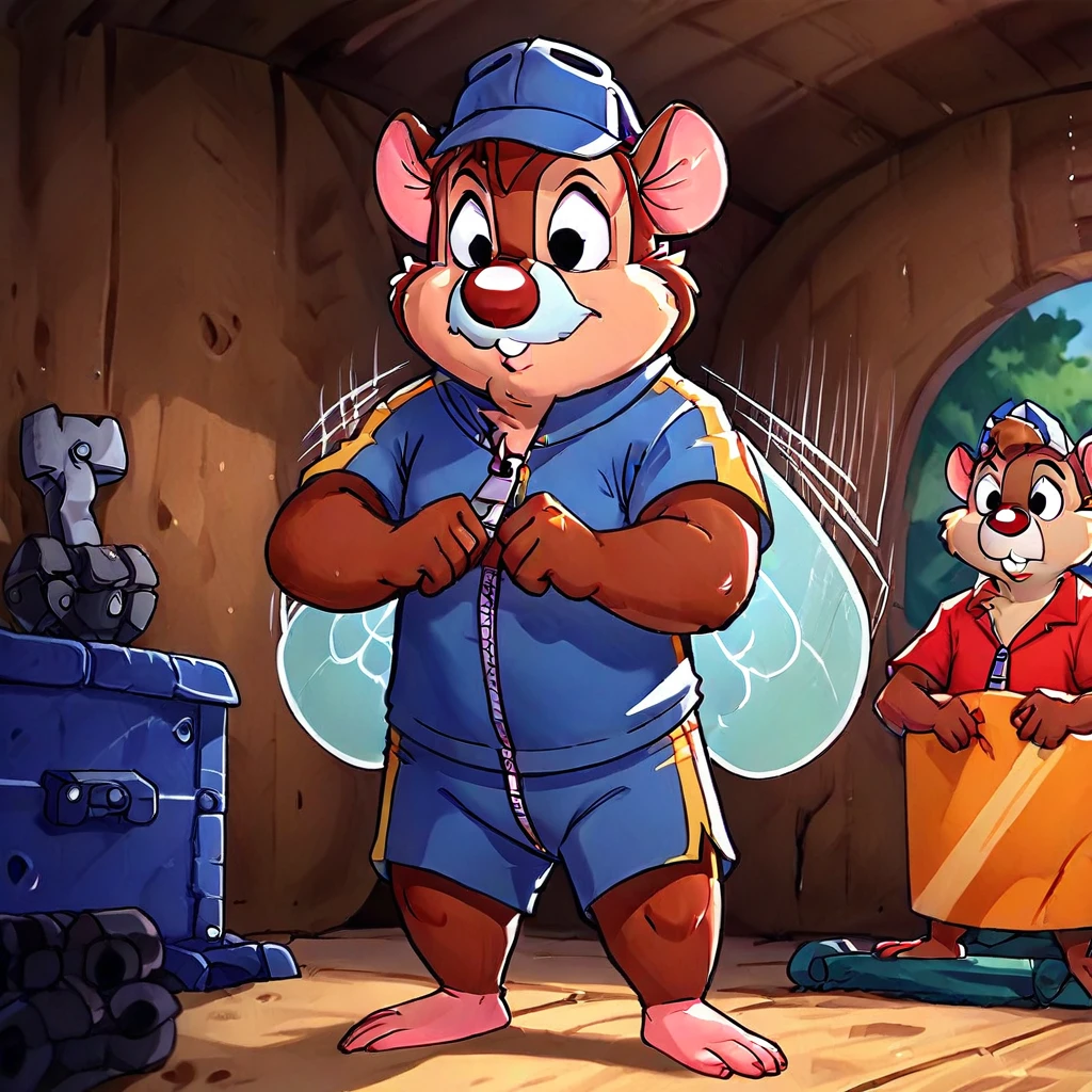 facial hair, 1boy, sport shorts, wrench, Zipper fly, shirt, Dale chipmunk, insect wings, male anthro mouse, hat, zipper fly, barefoot, black eyes