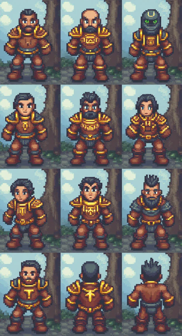 TimeFantasy, pixel art, 12 images of the same human character in a grid, tilesheet, <lora:TimeFantasy-000011:1>