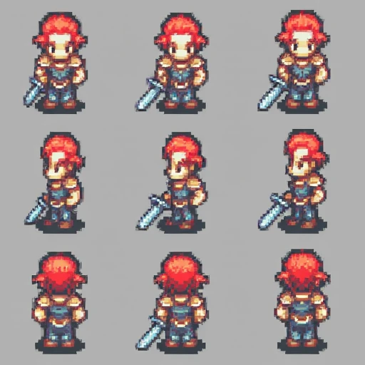 TimeFantasy, pixel art, a collection of nine characters with red hair and a sword arranged in a grid