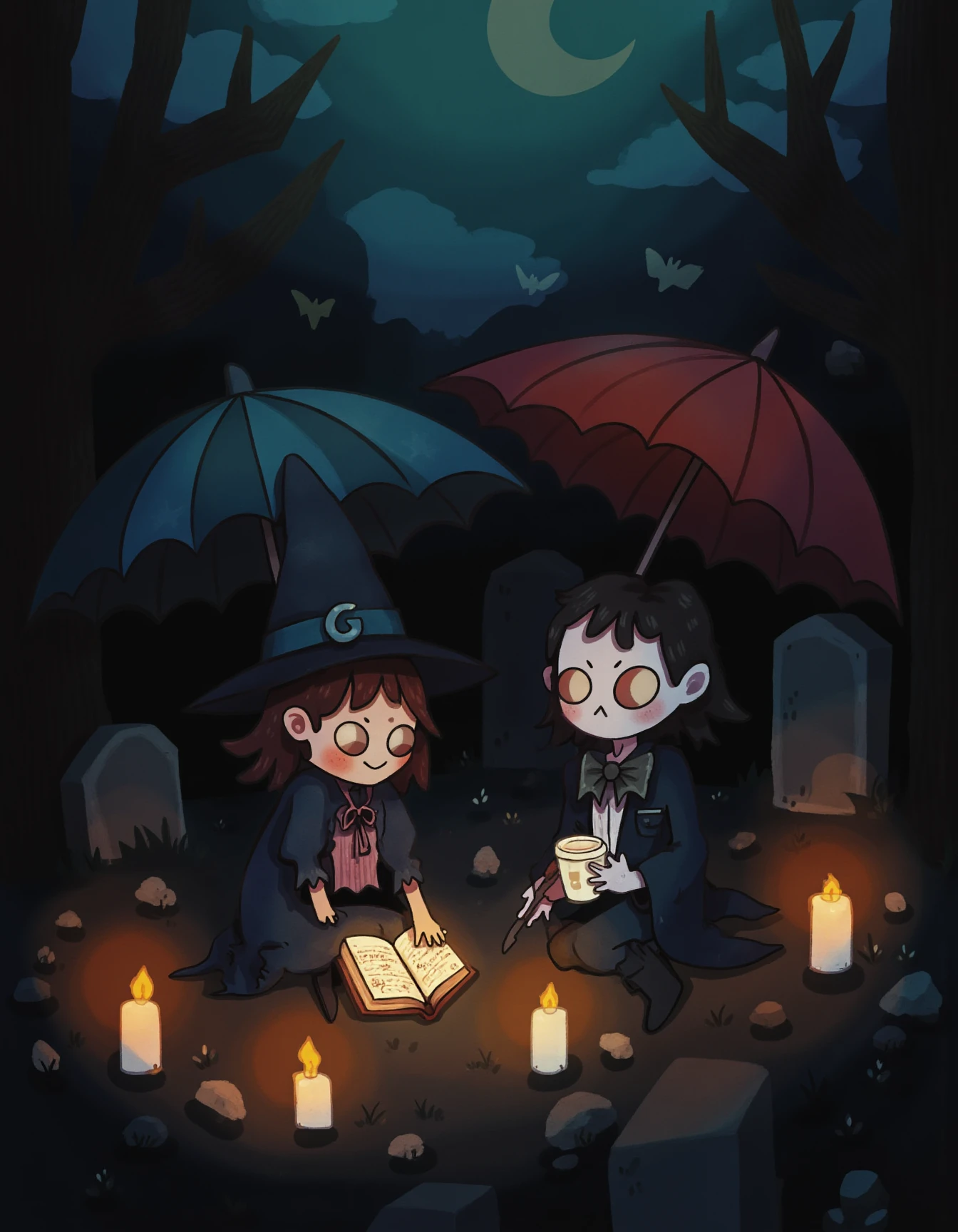 whimsyglo style image of two cute characters, a small witch with a pointed hat and a friendly vampire, sit together in a whimsical graveyard under umbrellas. A magical book glows faintly in the witchâs lap, while the vampire sips from a tiny cup. Soft candlelight illuminates the scene, with muted colors and a cozy, magical atmosphere, surrounded by trees and soft shadows.  <lora:Whimsyglo style_epoch_19:1>