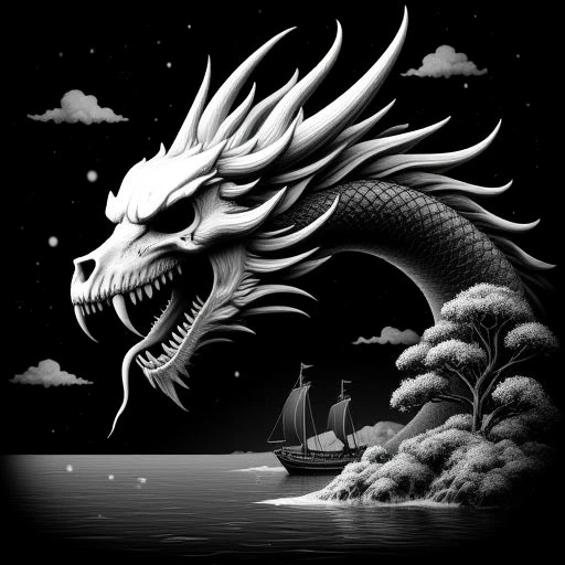 black background, skull, water, cloudy sky, fangs, ship, tree, scenery, tongue out, snowing, no humans, dragon horns, eastern dragon, simple background
