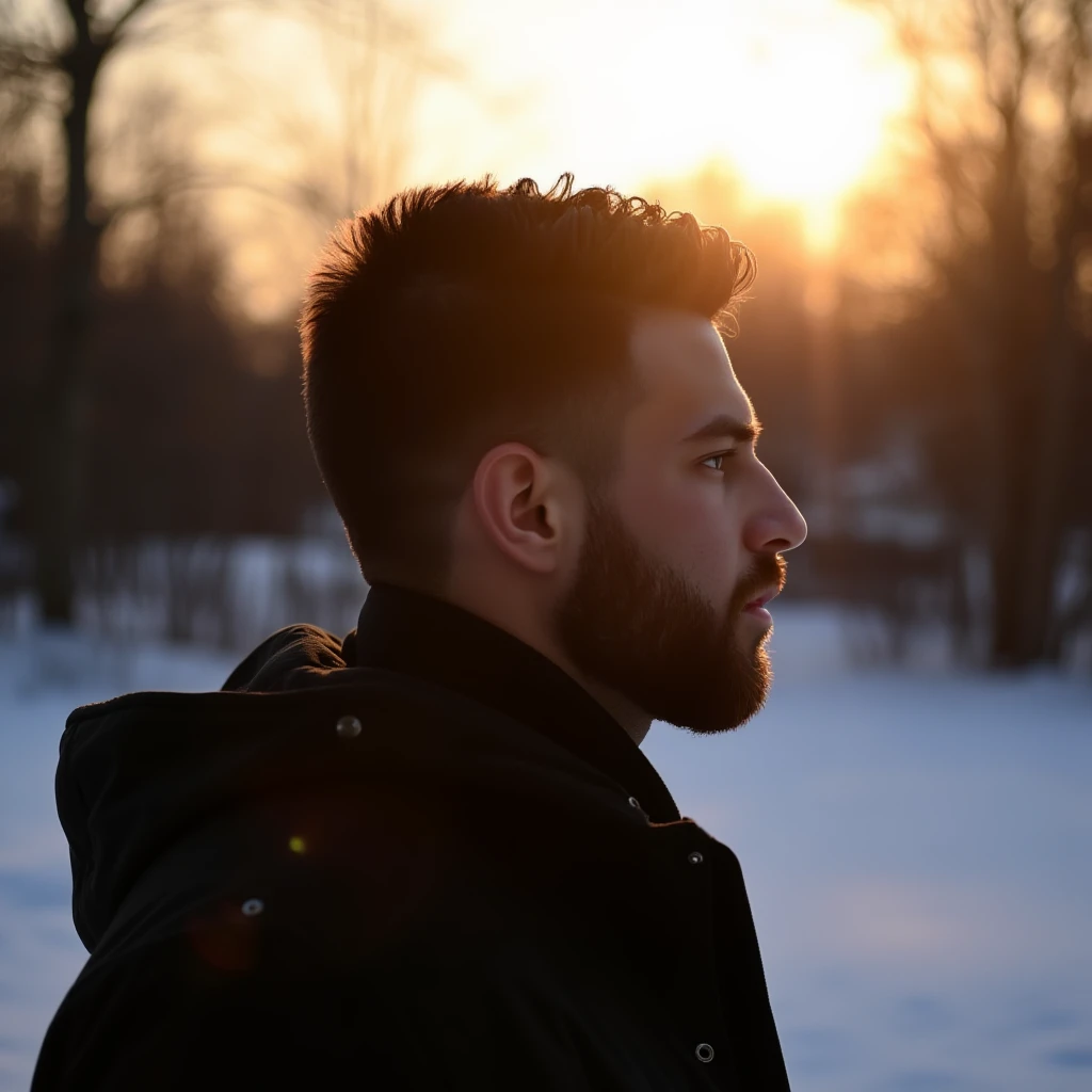 photo of a man in the winter outdoors with silhouette illumination of his hair by evening sunlight. Taken with a ProPhoto iPhone, p4yn3