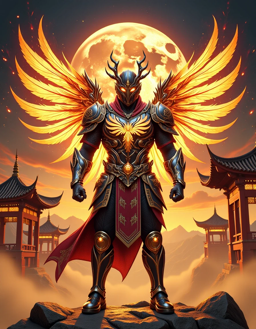 A warrior, wearing a phoenix-themed armor.