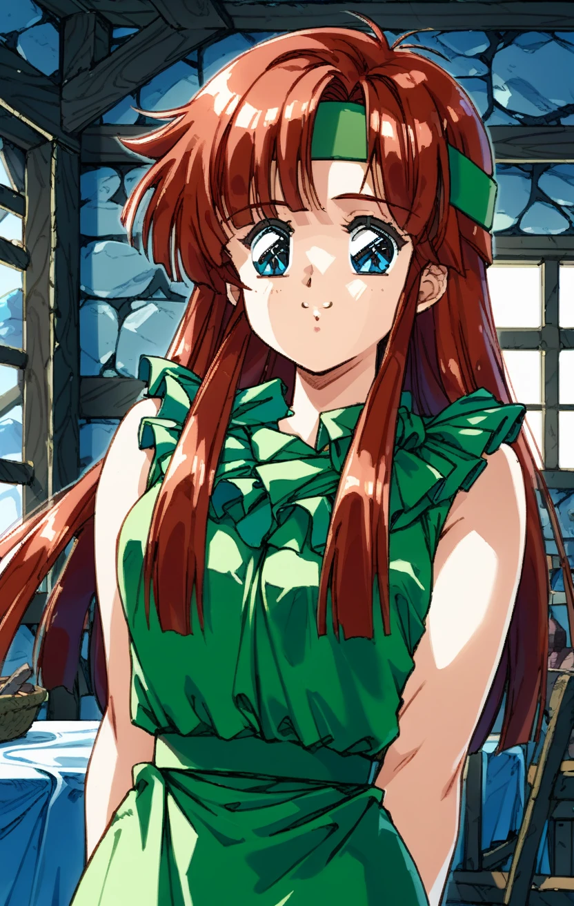 score_9, score_8_up, score_7_up, BREAK best quapoty, highres, absurdres, source_anime, 1girl, solo, upper body, DKLuna, DK1Luna, arms behind back, smile, green frilled dress, headband, skirt, sleeveless, cozy cabin home, indoors, <lora:DKLuna_SDXL-000005:1.0>, <lora:DK4Style_SDXL:1.0> DK4Style