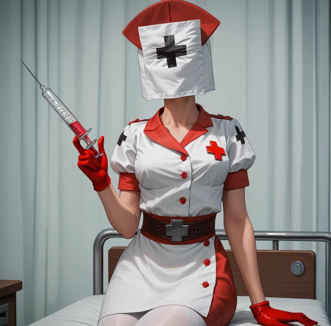 score_9, score_8_up, score_7_up, score_6_up, score_5_up, score_4_up, hud_r3aper_nrse, 1girl, solo, nurse, nurse cap, red gloves, blood on clothes, dress, short sleeves, belt, white pantyhose, giant syringe, <lora:hud_r3aper_nrse_XLP:0.8> , hospital bed,