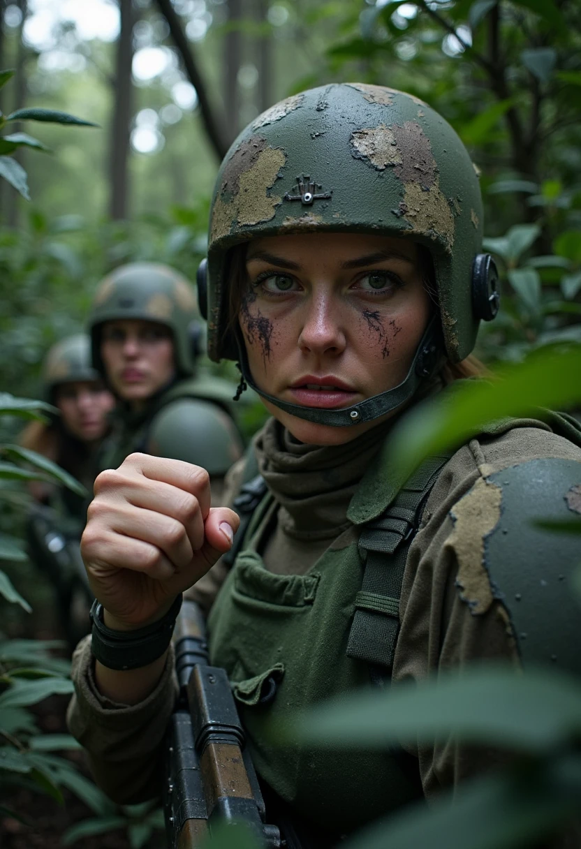 A female sergeant, her face streaked with camouflage paint, leads her squad through a dense alien jungle. The sergeant holds up a clenched fist, signaling the squad to halt, her eyes focused on something in the foliage ahead. Behind her, a male Guardsman crouches low, his lasgun ready, scanning the trees with nervous intensity. Another female Guardsman, further back, holds her breath, sweat dripping down her face as she grips her rifle, muscles tense. The jungle is alive with strange sounds, every rustle putting them on edge. Photorealism & Style: Close-up shot of the sergeant's face, with her intense, focused expression framed by the thick jungle foliage. The camera captures the details of her dirt-covered skin and the fine lines of her camo paint. A slight depth of field effect focuses on her, while the background is blurry but filled with dark greens and shadows, creating an atmosphere of suspense. The lighting is dim, with soft rays of sunlight filtering through the canopy, casting eerie shadows.