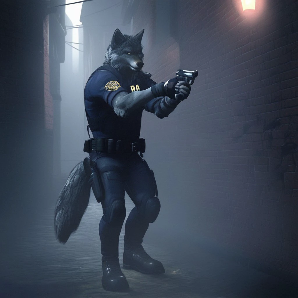 RE_Engine, solo, male, furry, wolf, long tail, police uniform, holding a hand gun, semi muscular, black fingerless gloves, hand on doorknob, opening a wooden door, dim street lamps, street alley, night