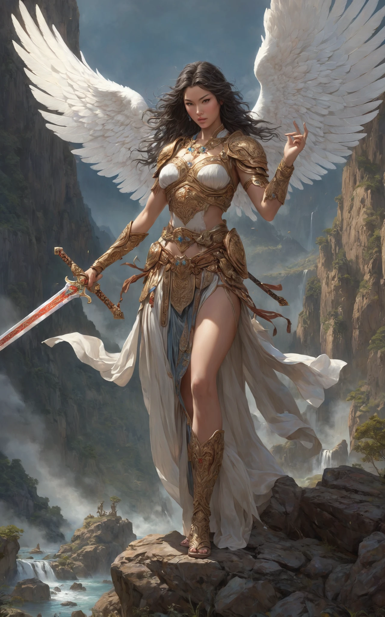 there is a woman with a sword standing on a rock, abaddon and magali villeneuve, magali villeneuve', winged girl angel, tall female angel, epic fantasty card game art, female lord of change, angelarium, mystical valkyrie, cgsociety and fenghua zhong, heise-lian yan fang, by Clint Cearley, hyperdetailed, concept art, perfect lighting, realistic textures, (beautiful, gorgeous, stunning), intricate, ((perfect body)), detailed background, Asian painting, (realistic:1.5), gold inlay,