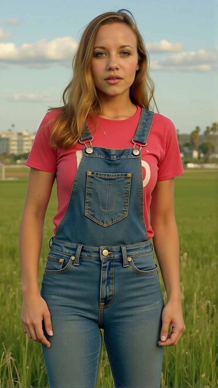 Gauge, a woman. she wears a t-shirt and overalls, hippy style, farm<lora:Gauge:0.9>