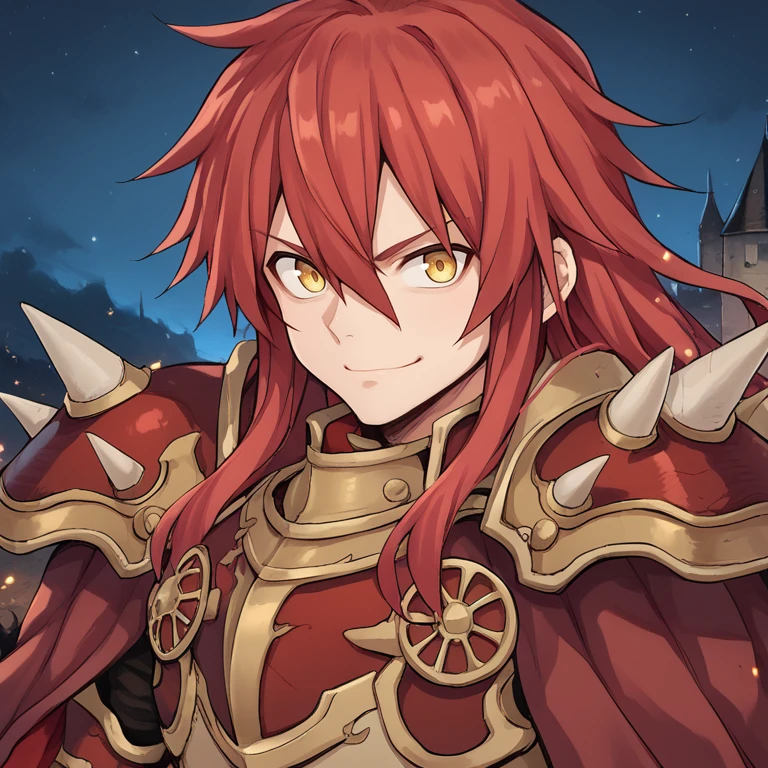 score_9, score_8_up, score_7_up, score_6_up, source_anime, BREAK, <lora:GulcasaPonyXL:0.9> , guldef, 1boy, red hair, long hair, hair between eyes, yellow eyes, armor, full armor, spikes, shoulder armor, shoulder spikes, cape, red cape, pauldrons, solo, (close-up), ((face)), looking at viewer, smile, closed mouth,  exterior, castle, fortress,  night, battlefield, wasteland,  <lora:m4gXLP:0.7> , m4g,