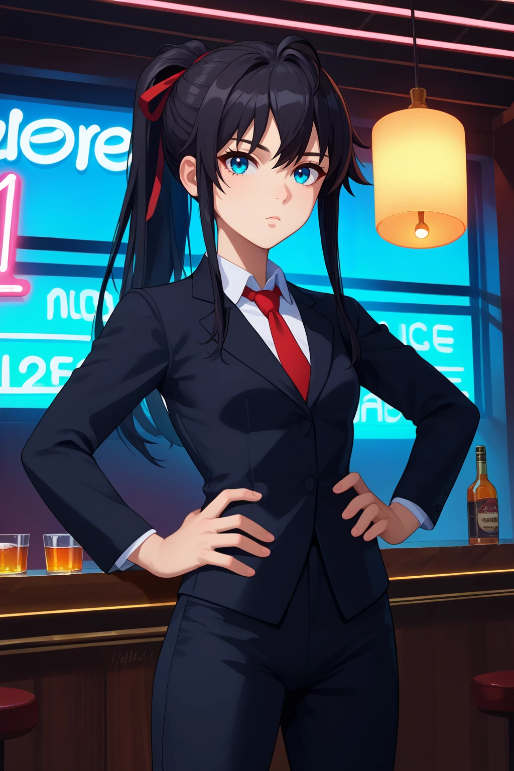 score_9, score_7_up, source_anime, cowboy shot, looking at viewer, expressionless, yno, small breasts, black hair, blue eyes, long hair, ponytail, hair ribbon, red ribbon, black suit, necktie, collared shirt, black pants, hands on hips, indoors, bar \(place\), hotel, window, skyline, neon lights, <lora:Hoseki_Oregairu_YukinoYukinoshita_PDXL_v1:1>