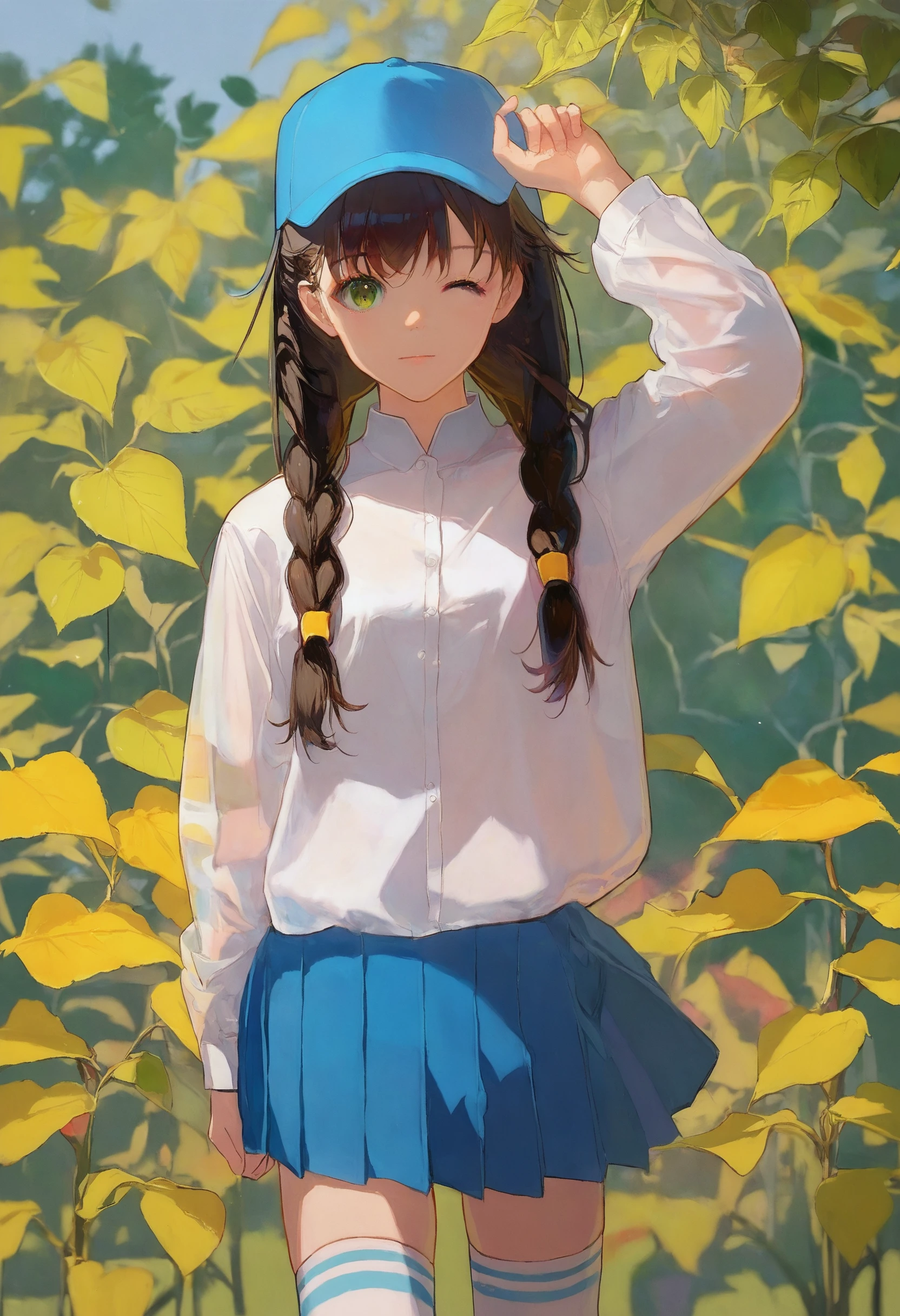 score_9, score_8_up, score_7_up, 1girl, solo, one eye closed, skirt, hat, black hair, green eyes, twin braids, thighhighs, blue skirt, long hair, braid, looking at viewer, plant, bangs, long sleeves, pleated skirt, cowboy shot, baseball cap, outdoors, blurry, leaf, arm up, shirt, blue headwear, white shirt, leaf
<lora:style_redum_pony_2:1>