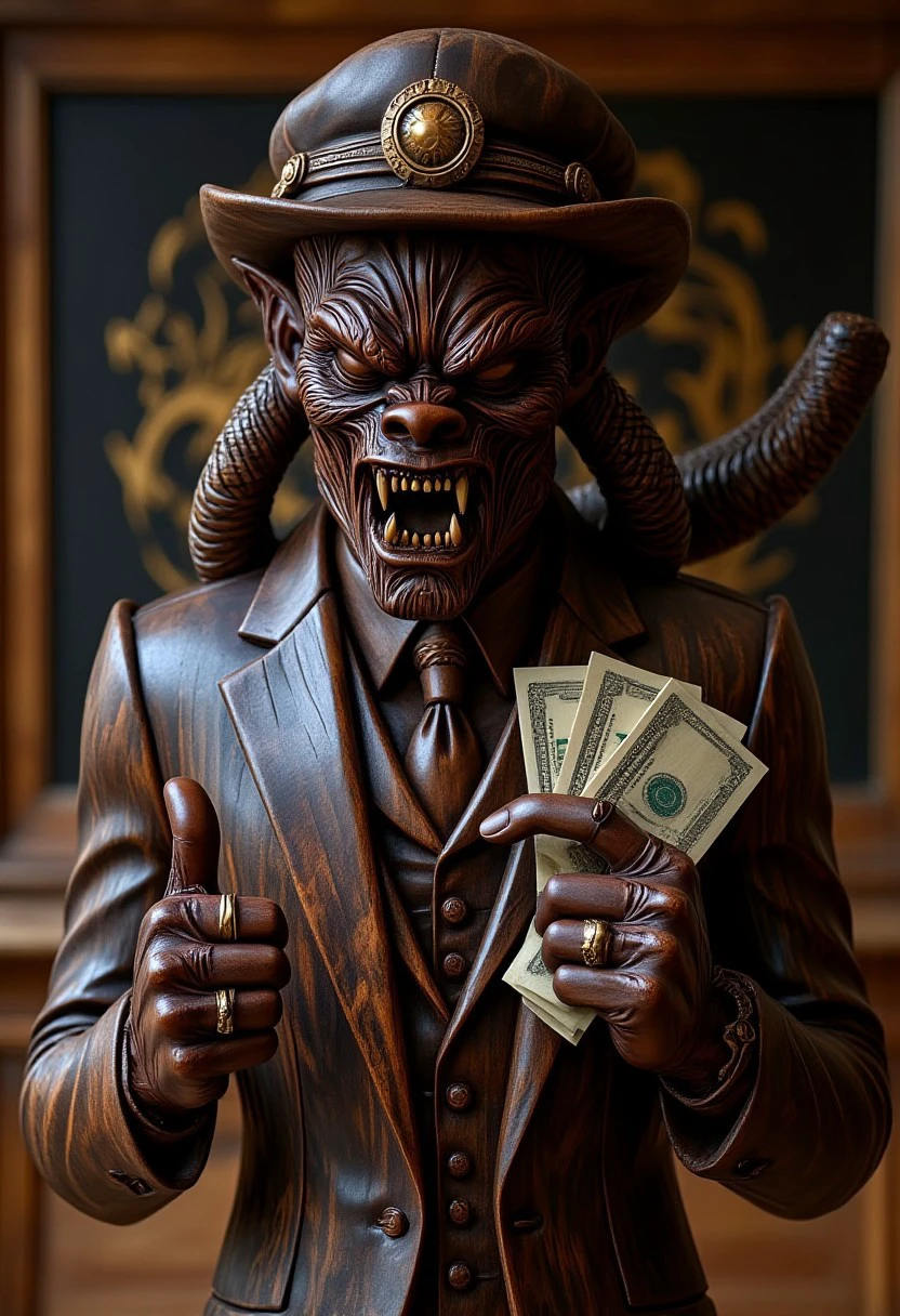 egwood, Werewolf, no humans, monster, teeth, sharp teeth, werewolf, fangs,tail, open mouth, wolf, furry, thumbs up, one eye closed, grin, smile, money, holding money, portrait, Ebony wood black fur, ring, formal, hat, headwear, necktie, suit,looking at viewer, Cabin in the background