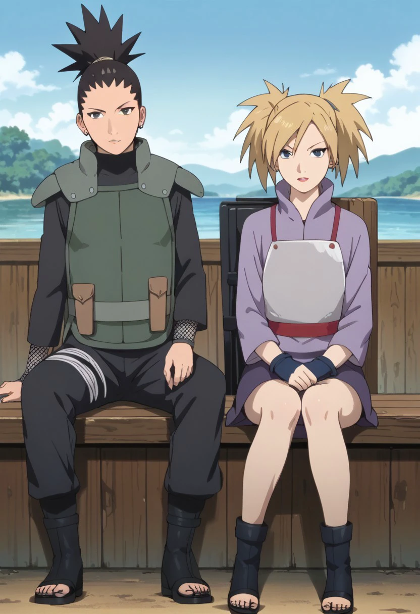 score_9, score_8_up, score_7_up, source_anime, rating_safe, ShikamaruNS, black_Shikamaru_hair, greyish yellow_Shikamaru_hair tie, black_eyes, grey_Shikamaru_stud earrings, TemariNS, couple focus, 1boy, 1girl, anime screencap, green_Shikamaru_shoulder pads, green_Shikamaru_vest, black_Shikamaru_turtleneck, black-grey_Shikamaru_fishnet long sleeves, light greyish green_Shikamaru_waist belt, brown_Shikamaru_pouch, black_Shikamaru_pants, light greyish, white-blue_Shikamaru_bandaged thigh, black_Shikamaru_toeless footwear, sitting,