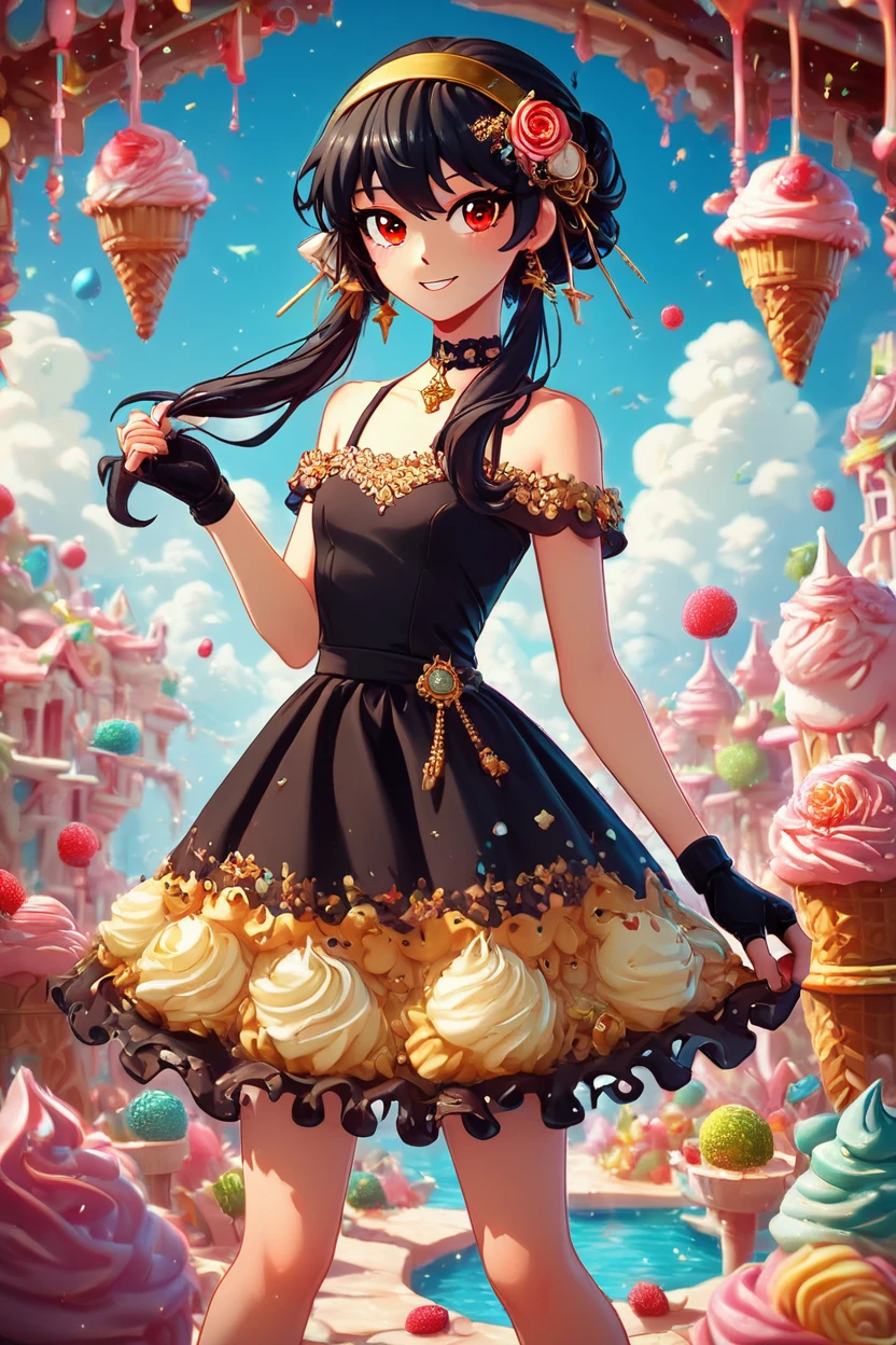 score_9, score_8_up, score_8,   zzIceCream,  <lora:IceCreamWorld_PDXL:1.0>,  ,,, YorForger, 1girl, black hair, red eyes, short hair with long locks, gold hairband, hair flower, black choker, black dress, sleeveless, off shoulder, floral print, fingerless gloves, <lora:YorForgerXLpony004:0.7>, ,,, embedding:zPDXL,  <lora:SDXLFaeTastic2400:0.5>,  <lora:Expressive_H-000001:0.4>,