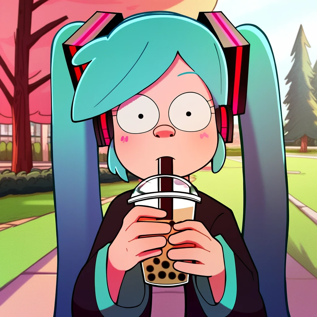 score_9, gravity-falls, 1girl, solo, blue hair, holding, bubble tea, park, hatsune miku,